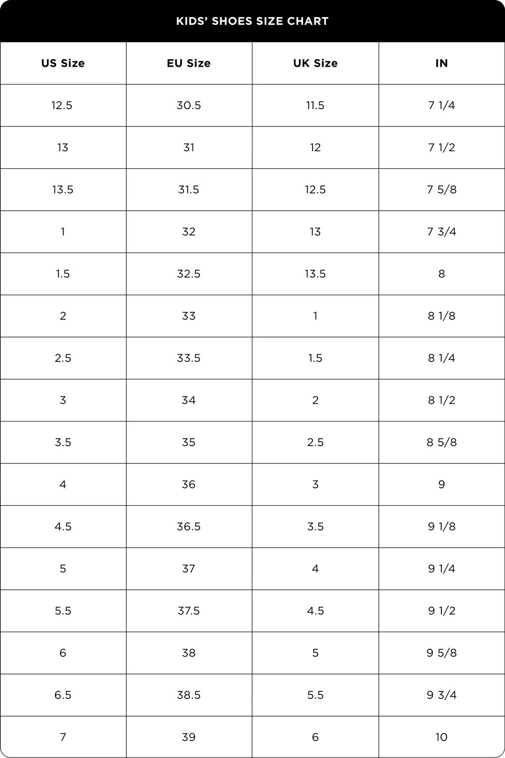 Kids Size Chart